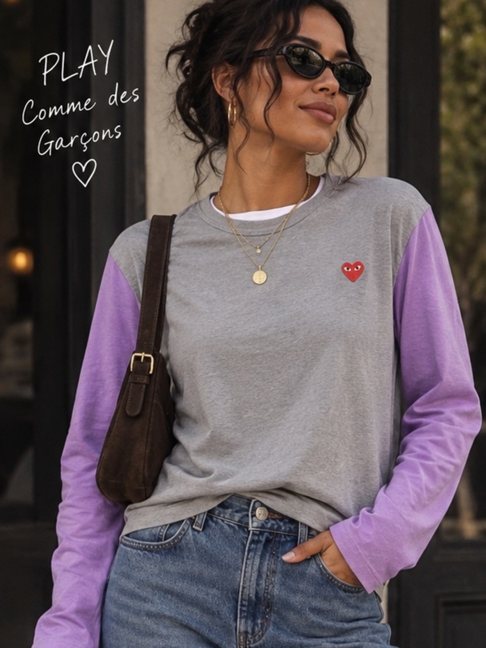 RARE Comme des Garcons PLAY Gray & Lavender Long-Sleeve Designer Tee 💜🦄